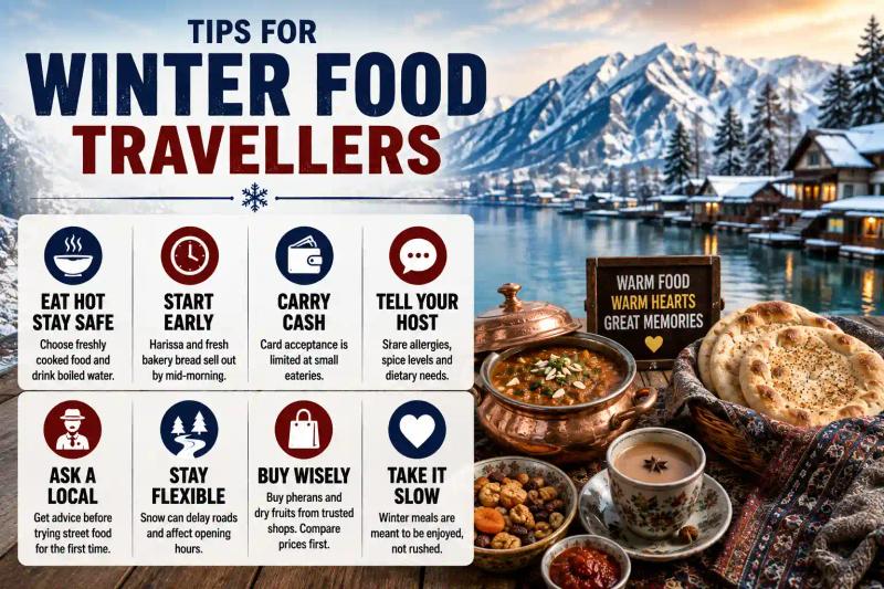 Kashmir winter food and culture – tips for winter food travellers with harissa, kahwa, and Dal Lake houseboats
