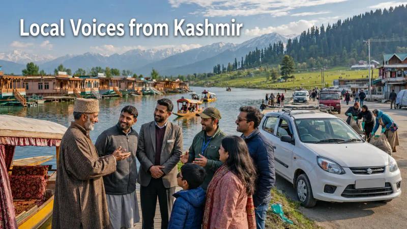 : Is Kashmir Safe to Visit Right Now – local tour operators, a houseboat owner and tourists talking beside Dal Lake as community members conduct a cleanup.