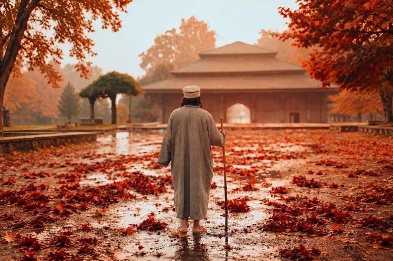 Chillai Kalan in Kashmir contrasted with an autumn courtyard featuring red-orange fallen leaves and traditional architecture.