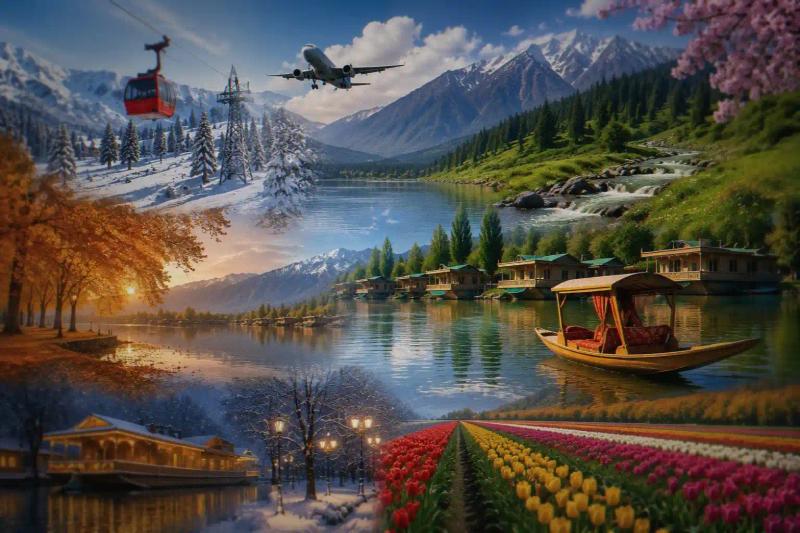 Kashmir trip planning 2026 — four seasons collage showing Gulmarg gondola in winter snow, shikara boat on Dal Lake, tulip garden in spring bloom, and houseboat on Srinagar lake