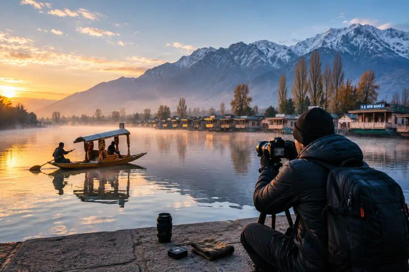 Photography in Kashmir in November with mist over Dal Lake, snow-dusted mountains and clear autumn views