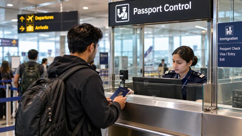 Kashmir SIM card for tourists with passport verification at an airport immigration counter.