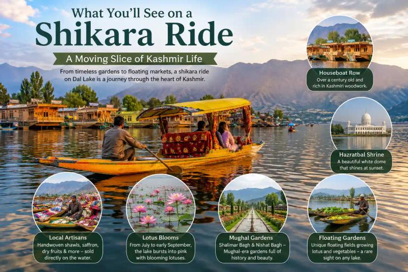 Shikara Ride in Srinagar on Dal Lake with traditional houseboats, Hazratbal Shrine, floating artisan markets, lotus blooms, and Mughal gardens.