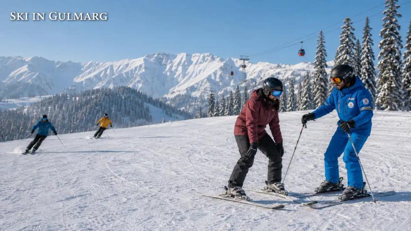 Things to Do in Kashmir – beginner learning to ski with an instructor while skiers and snowboarders explore the snowy slopes of Gulmarg.