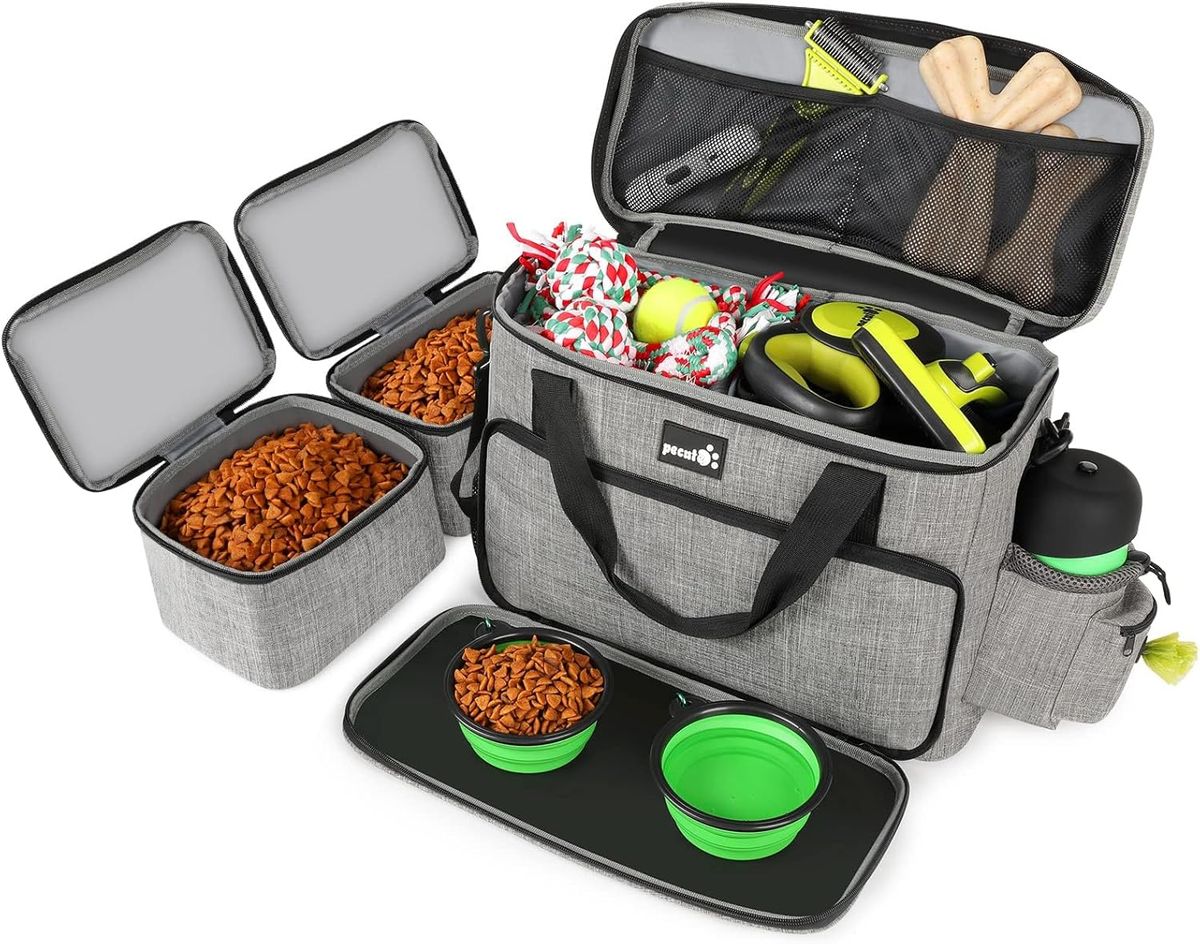 Sac de voyage multifonction pour chien avec sacs alimentaires et gamelles