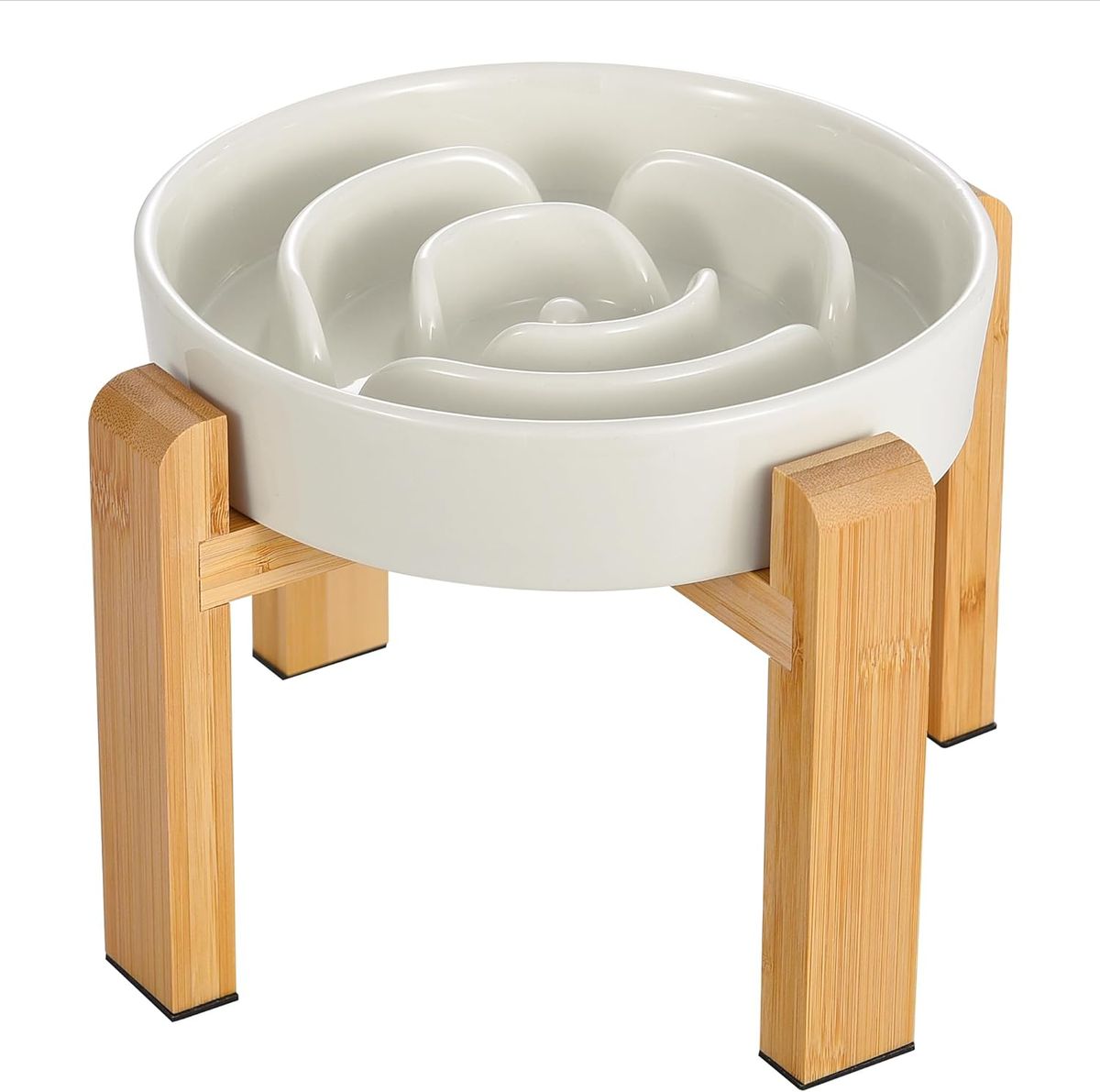 Gamelle anti-glouton surélevée en céramique avec support en bambou