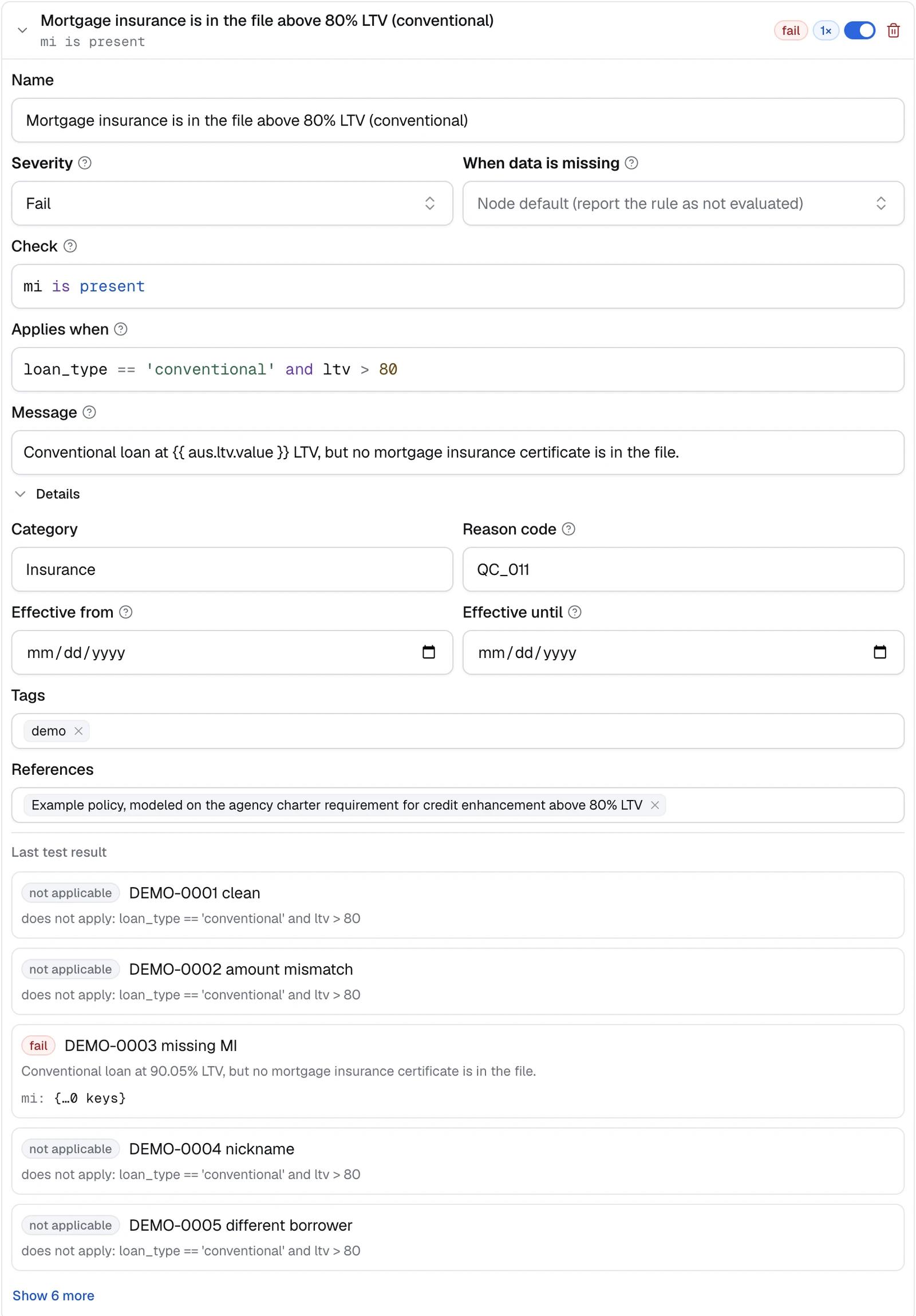 The mortgage insurance rule open in Dynamiq: severity Fail, when data is missing set to report the rule as not evaluated, the check mi is present, applies when loan_type == 'conventional' and ltv > 80, a message that inserts the LTV, category, reason code, effective dates, references, and its last result on each test case, including a fail on DEMO-0003 that reads "Conventional loan at 90.05% LTV, but no mortgage insurance certificate is in the file."