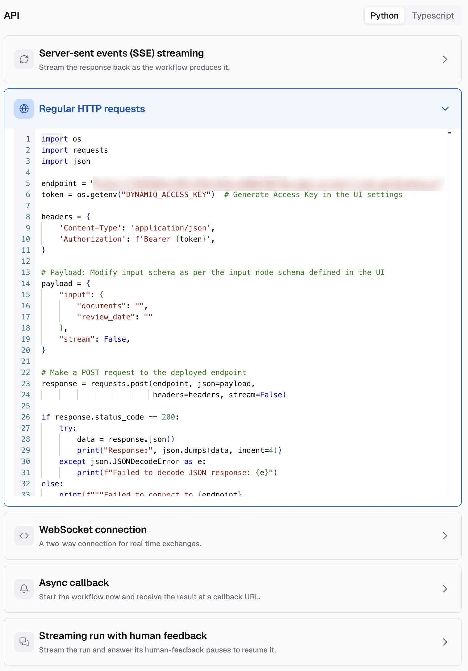 The Integration tab of the deployed loan-file-qc-demo app in Dynamiq: ready-made Python for a regular HTTP request with the documents and review_date input, plus sections for server-sent events streaming, WebSocket, async callback and streaming with human feedback, and a Python or TypeScript switch. The endpoint address is blurred.