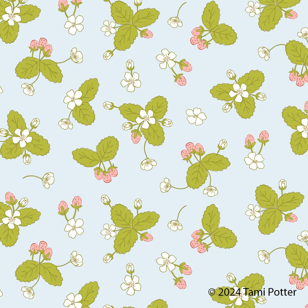 Pale blue repeating pattern of illustrated strawberries, leaves, and blossoms