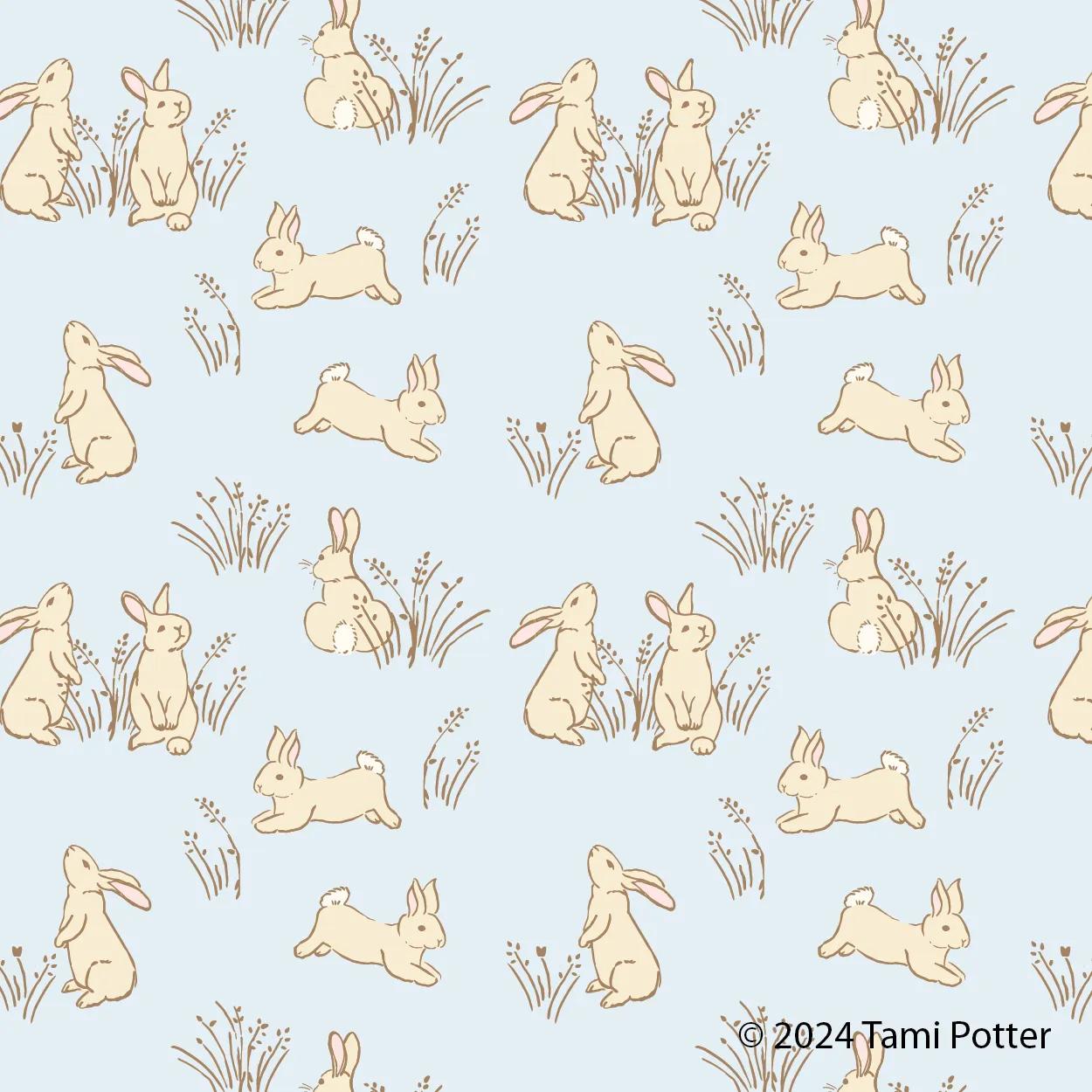 Blue-page repeating pattern of illustrated rabbits and spring grasses