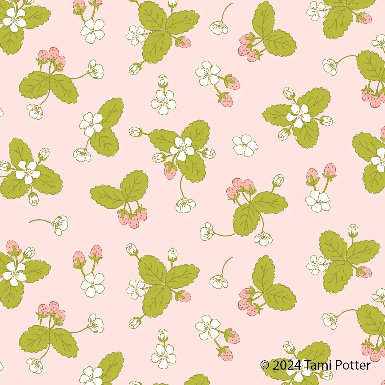 Pink repeating pattern of illustrated strawberries, leaves, and blossoms