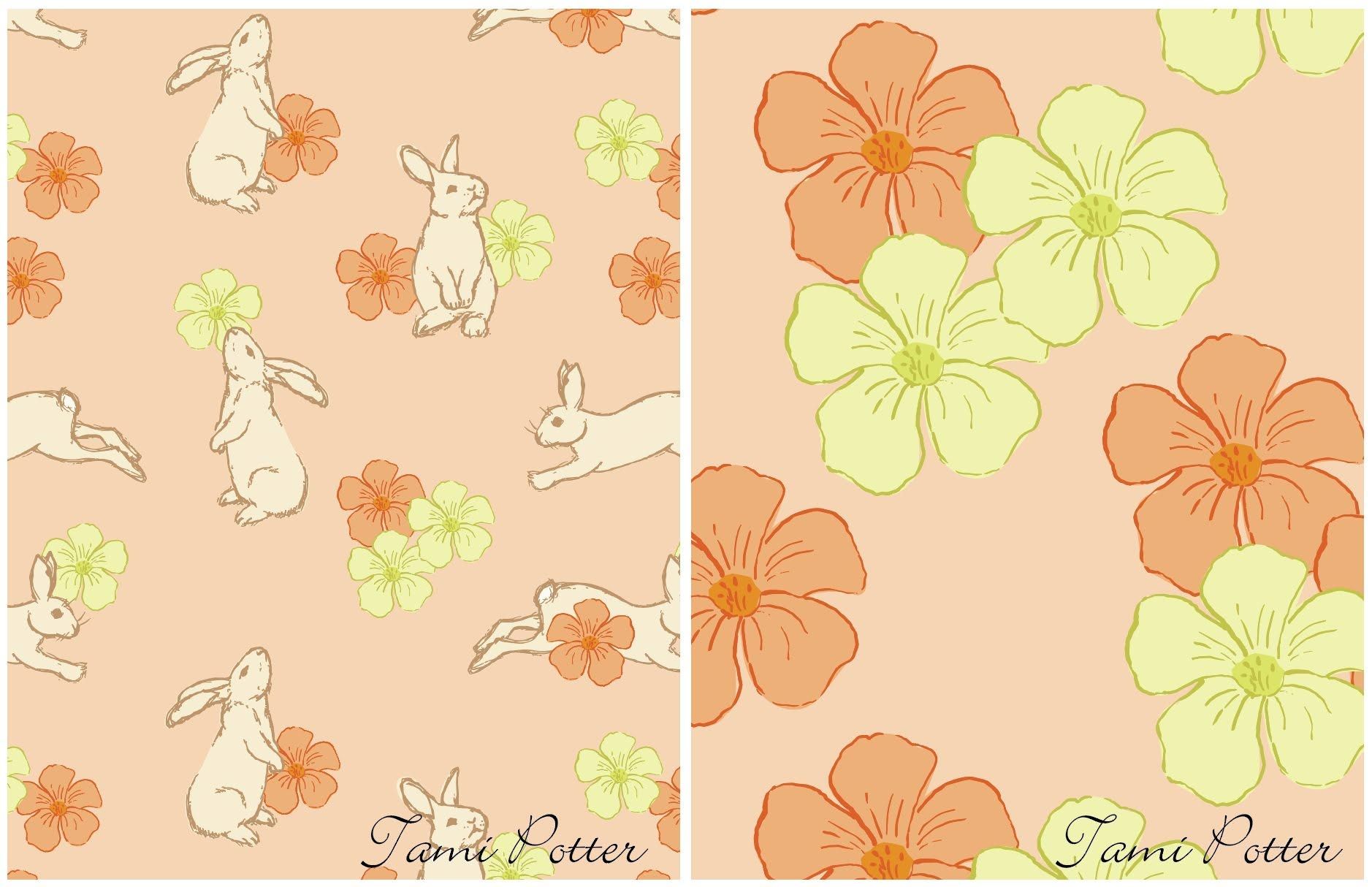 Repeating patterns made from Tami’s rabbit and flower drawings