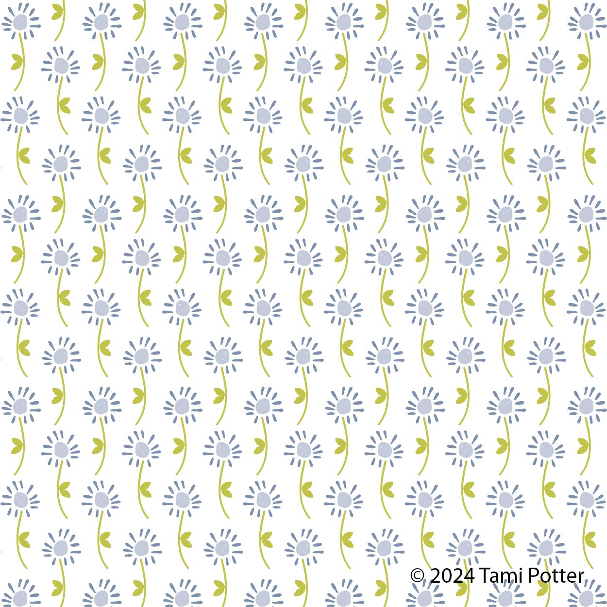 Blue repeating pattern of illustrated white daisies with green stems