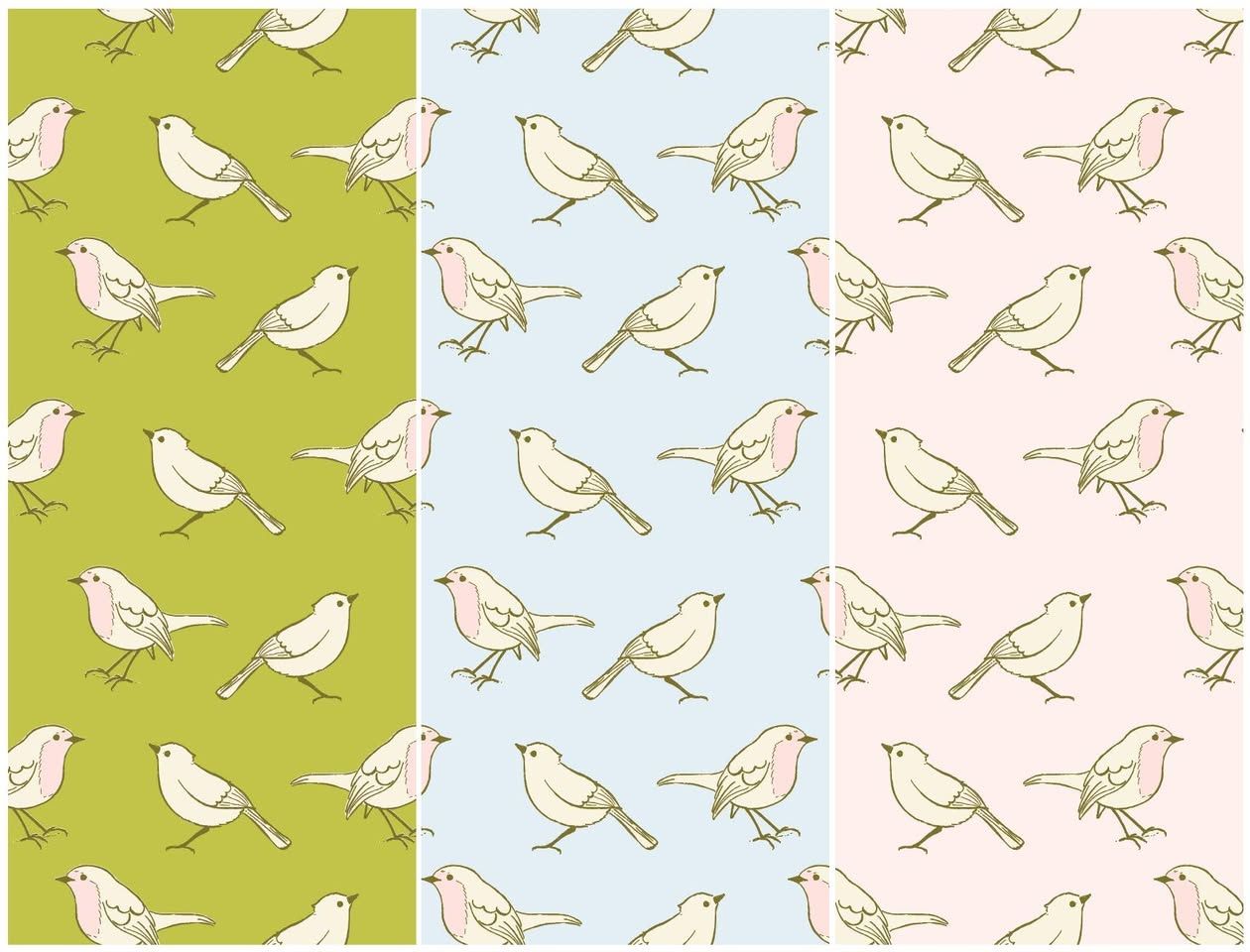 Tami’s bird pattern shown in green, blue, and pink colorways
