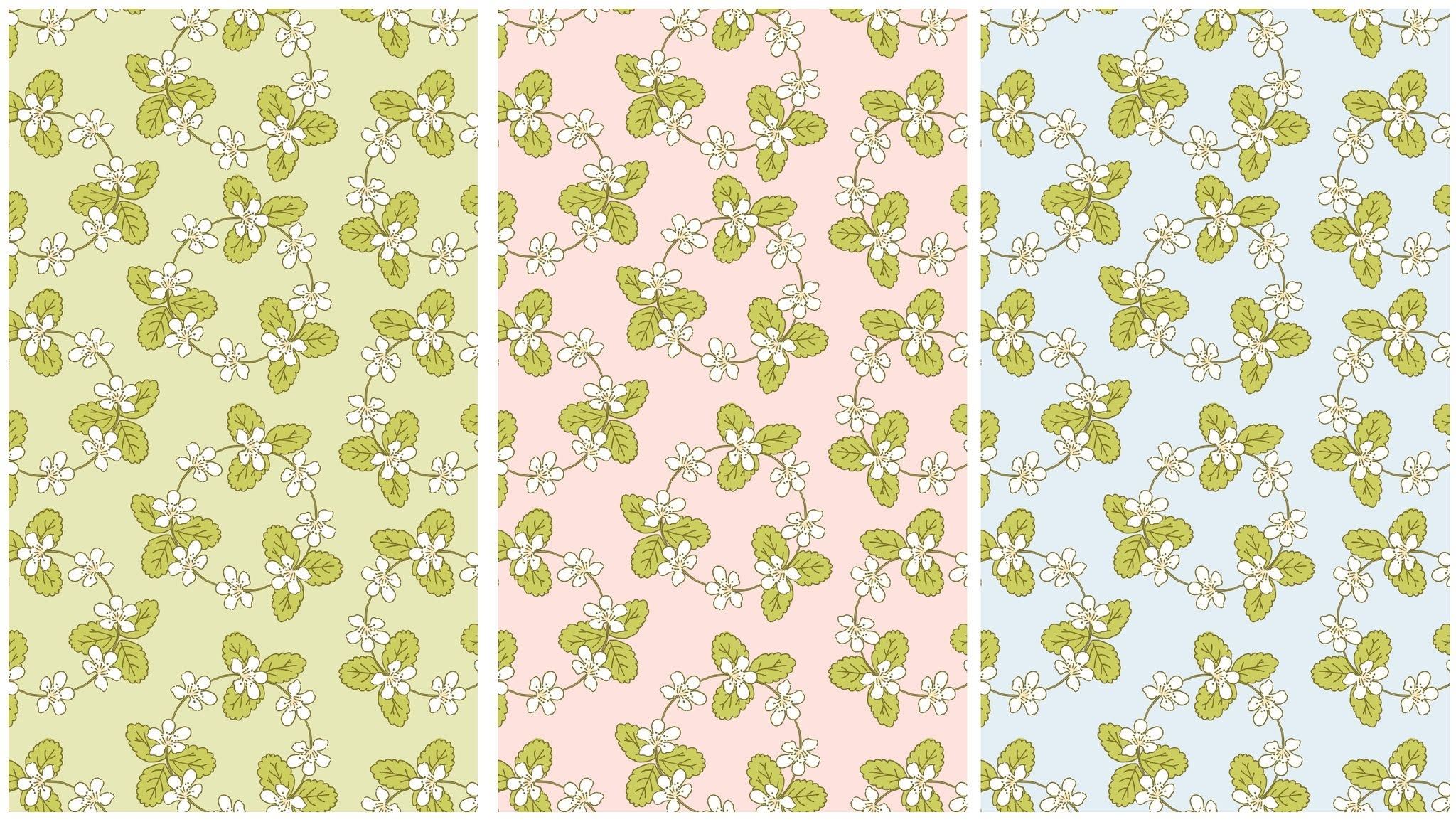 Wild strawberry blossom patterns in green, pink, and blue colorways