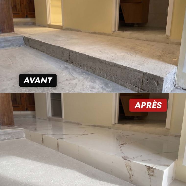 Avant/après : marche et palier en béton brut gris, puis en décor marbre blanc veiné peint à la main, Le Mas-d’Agenais (47)