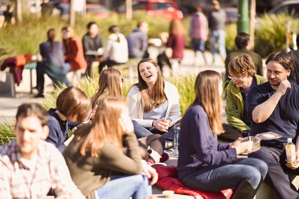 A group of Commure employees eating lunch together at a park