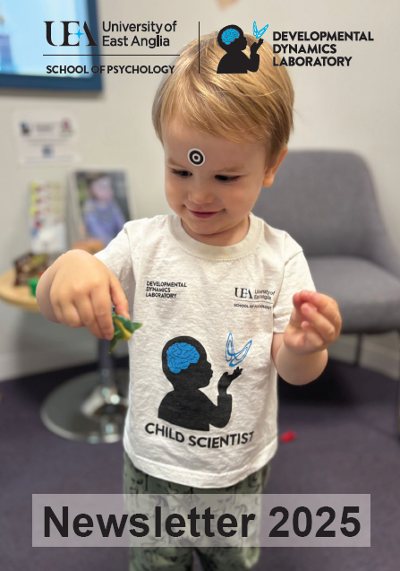 UEA Developmental Laboratory Newsletter 2025 Cover showing a child scientist wearing a lab t-shirt smiling