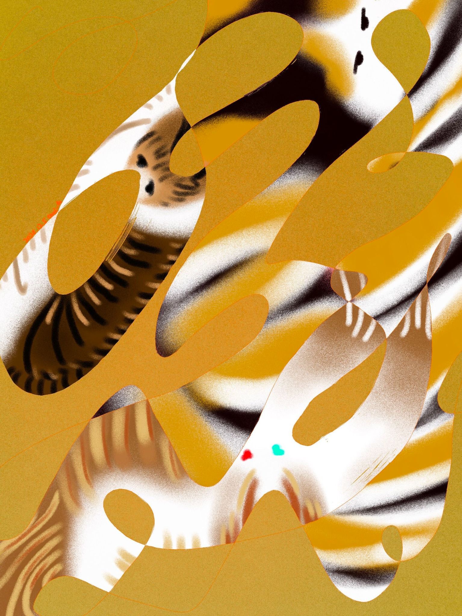 Abstract golden-orange illustration with sweeping pale shapes and dark striped forms