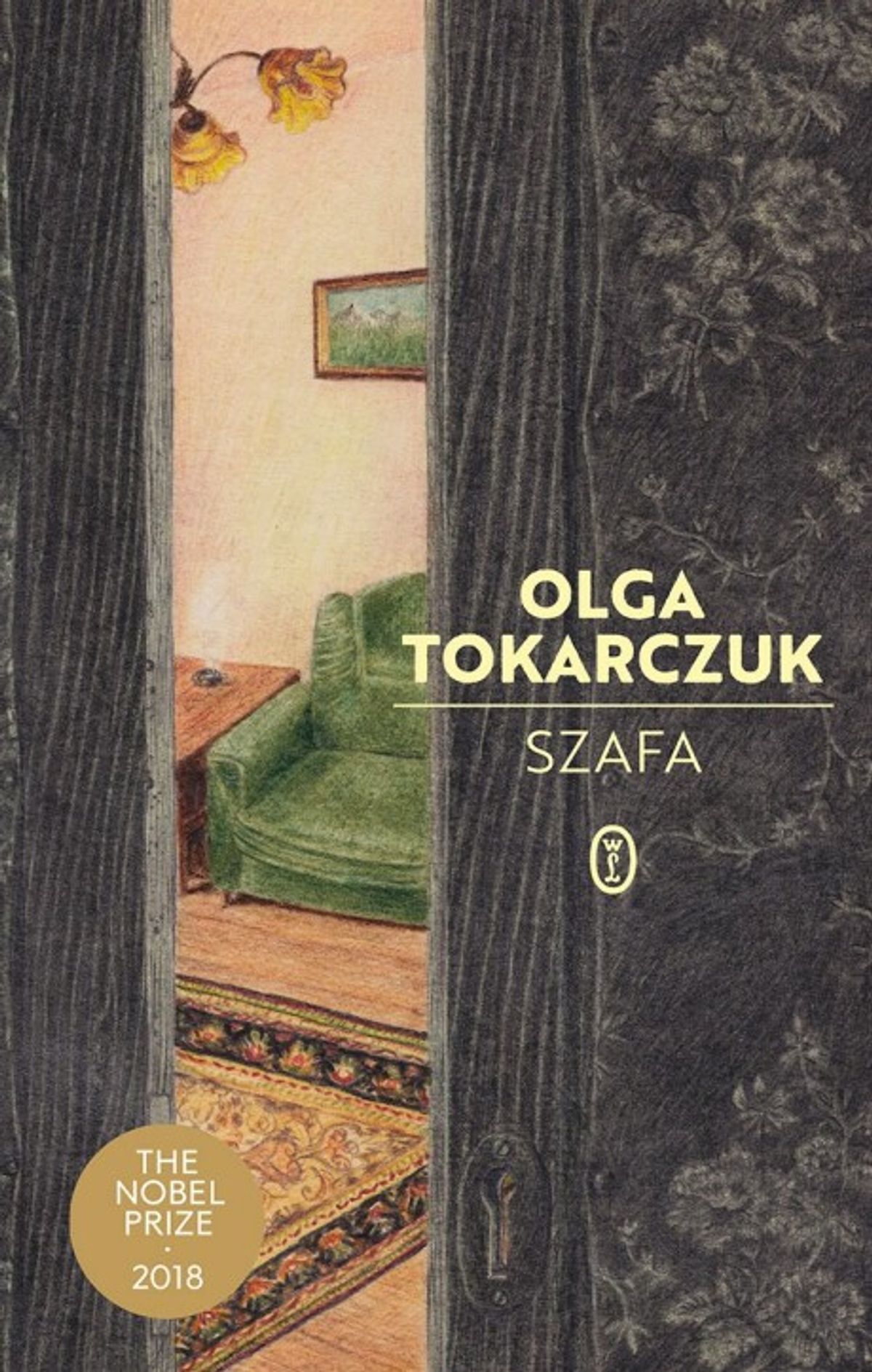 Cover of Olga Tokarczuk’s Szafa: partly open dark wardrobe doors reveal a green armchair and a warmly lit room.