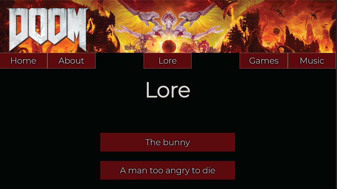 Bilde av en nettside dedikert til spillet Doom, svart bakgrunn og røde tekstbokser med et bilde fra spillet Doom i headeren.