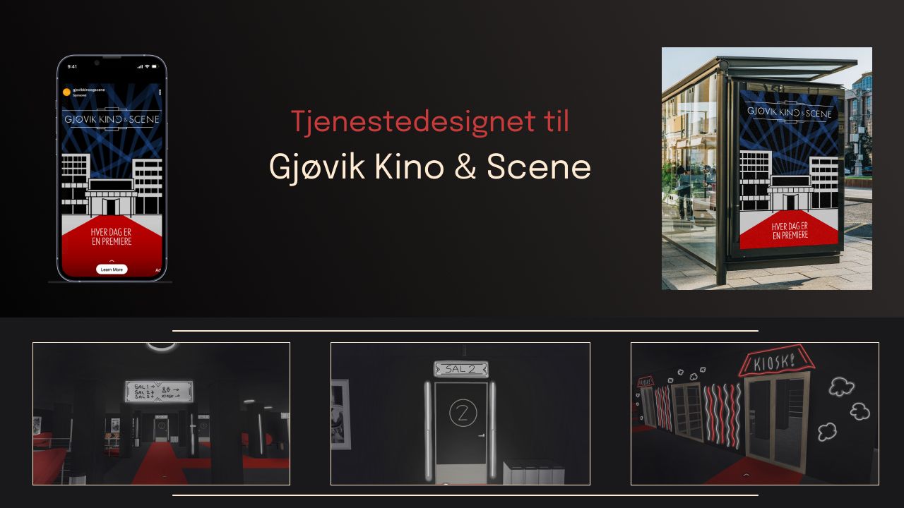 Mockup av en instagram og bussholdeplass reklame for Gjøvik kino og scene. 