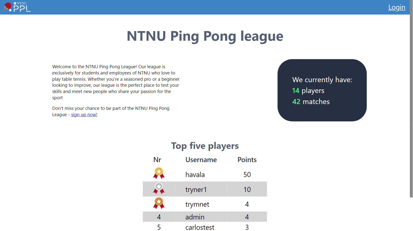 Bilde av NTNU Ping Pong League nettsiden