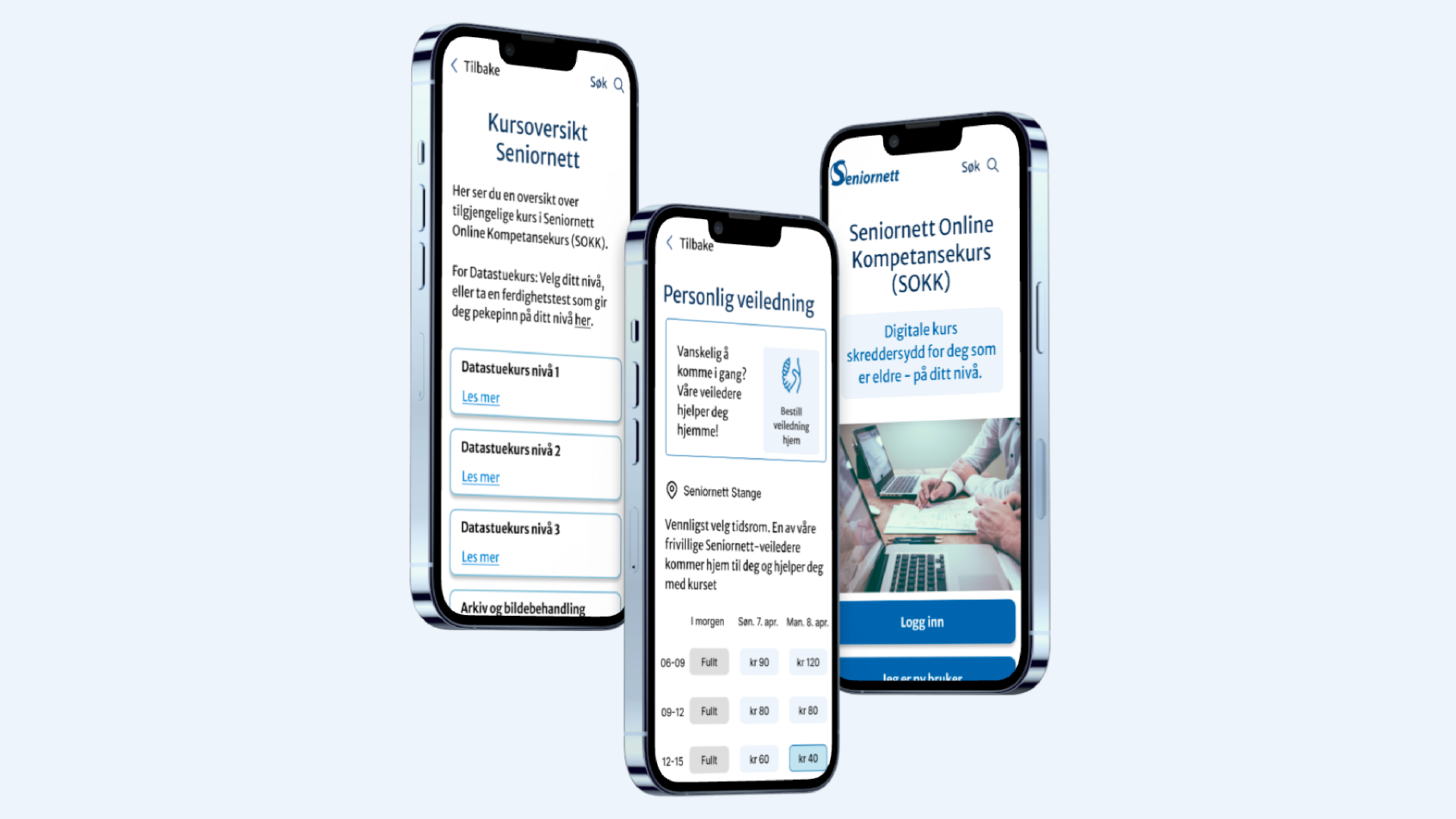 Mockups med skjermbilder fra webapplikasjonen SOKK (Seniornett Online Kompetansekurs)