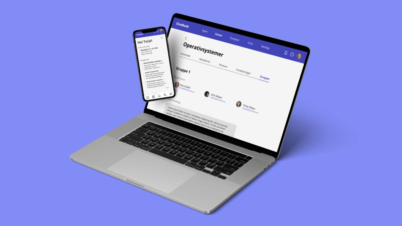 MockUp av forside og emneside til OneBook på mobil og desktop