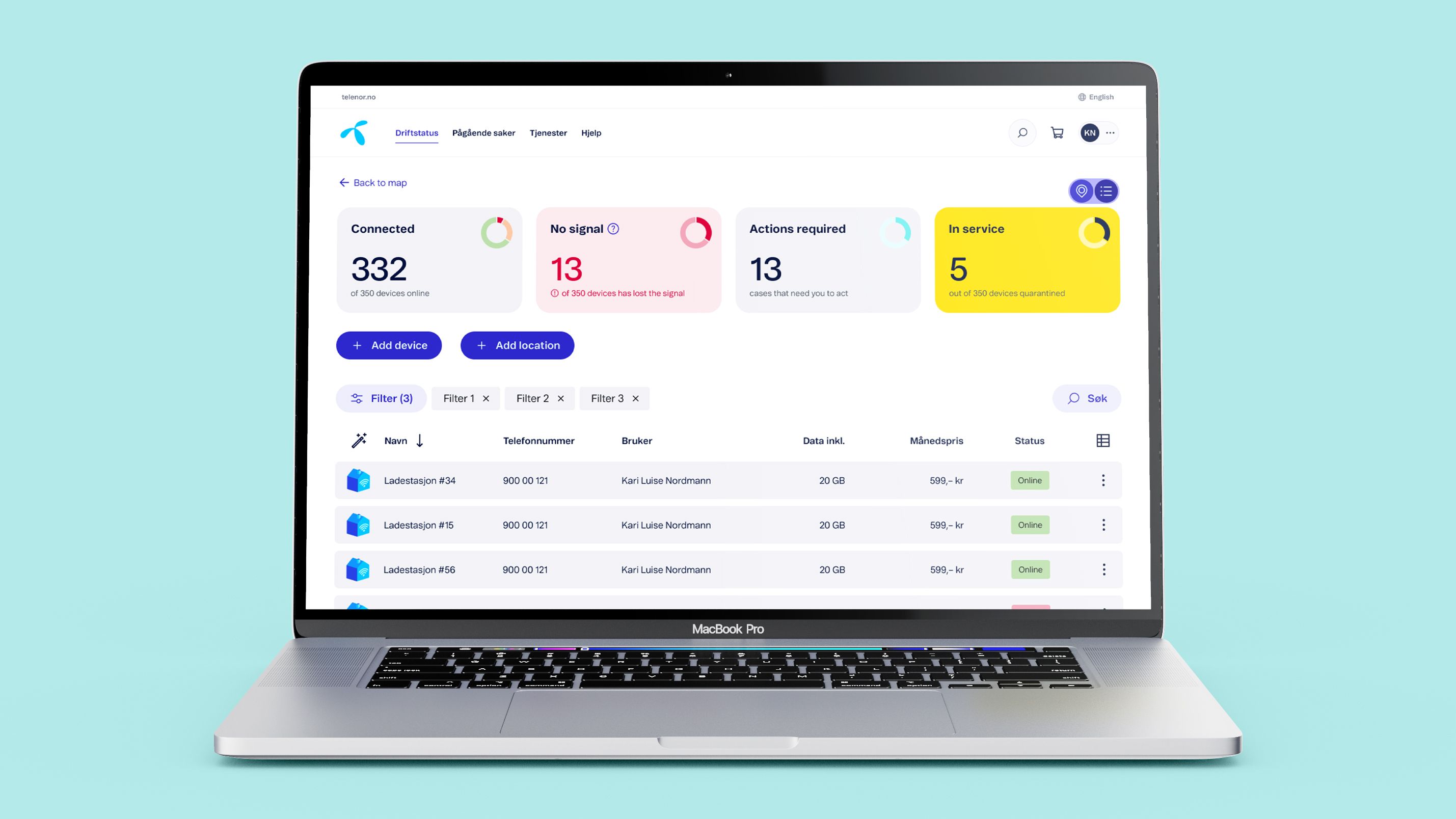 IoT dashboard listevisning