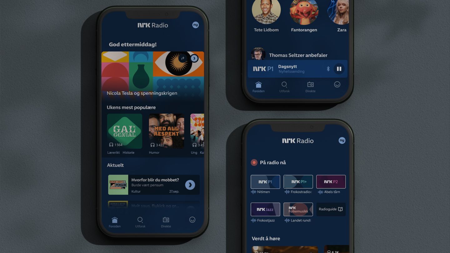 Tre mobilskjermer med redesignet NRK Radio app.