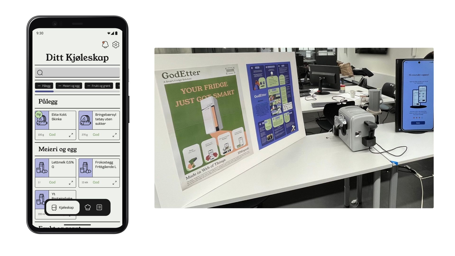 Bilde av en mobil som viser GodEtter applikasjonen, sammen med et bilde av den fysiske løsningen.