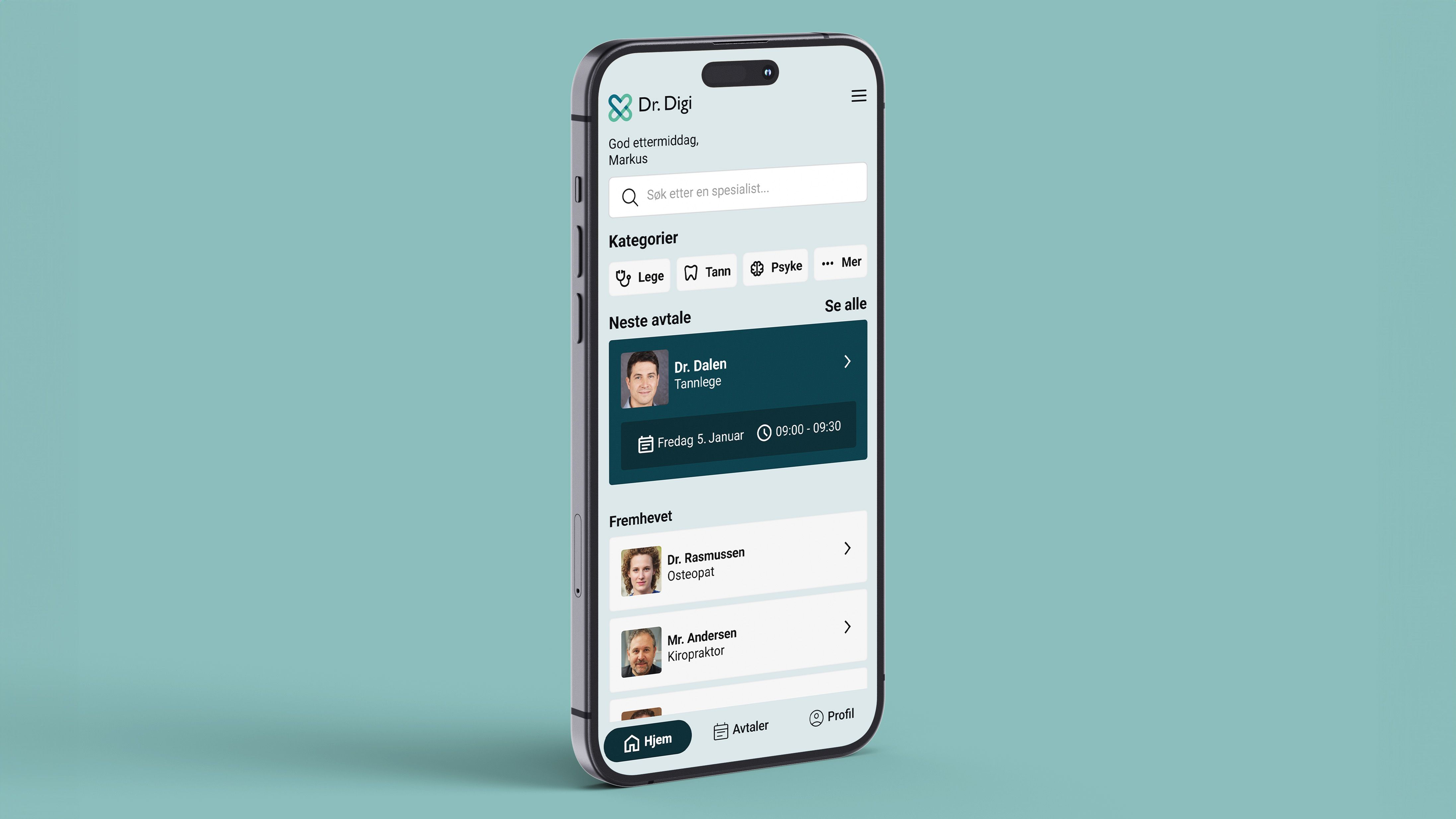 Mockup av Dr. Digis helsebooking app på Iphone 15