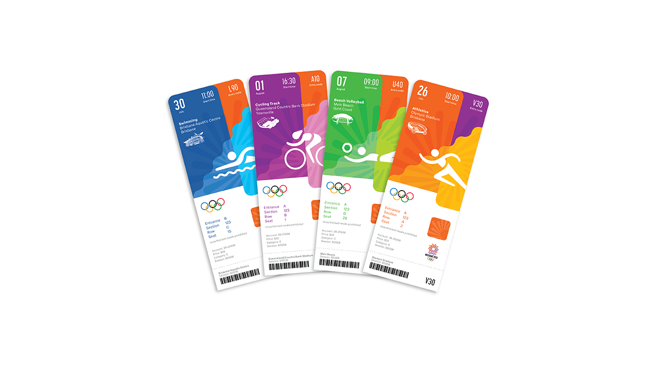 Fire billetter for OL i Brisbane 2032, i en varm, fargerik fargepalett.