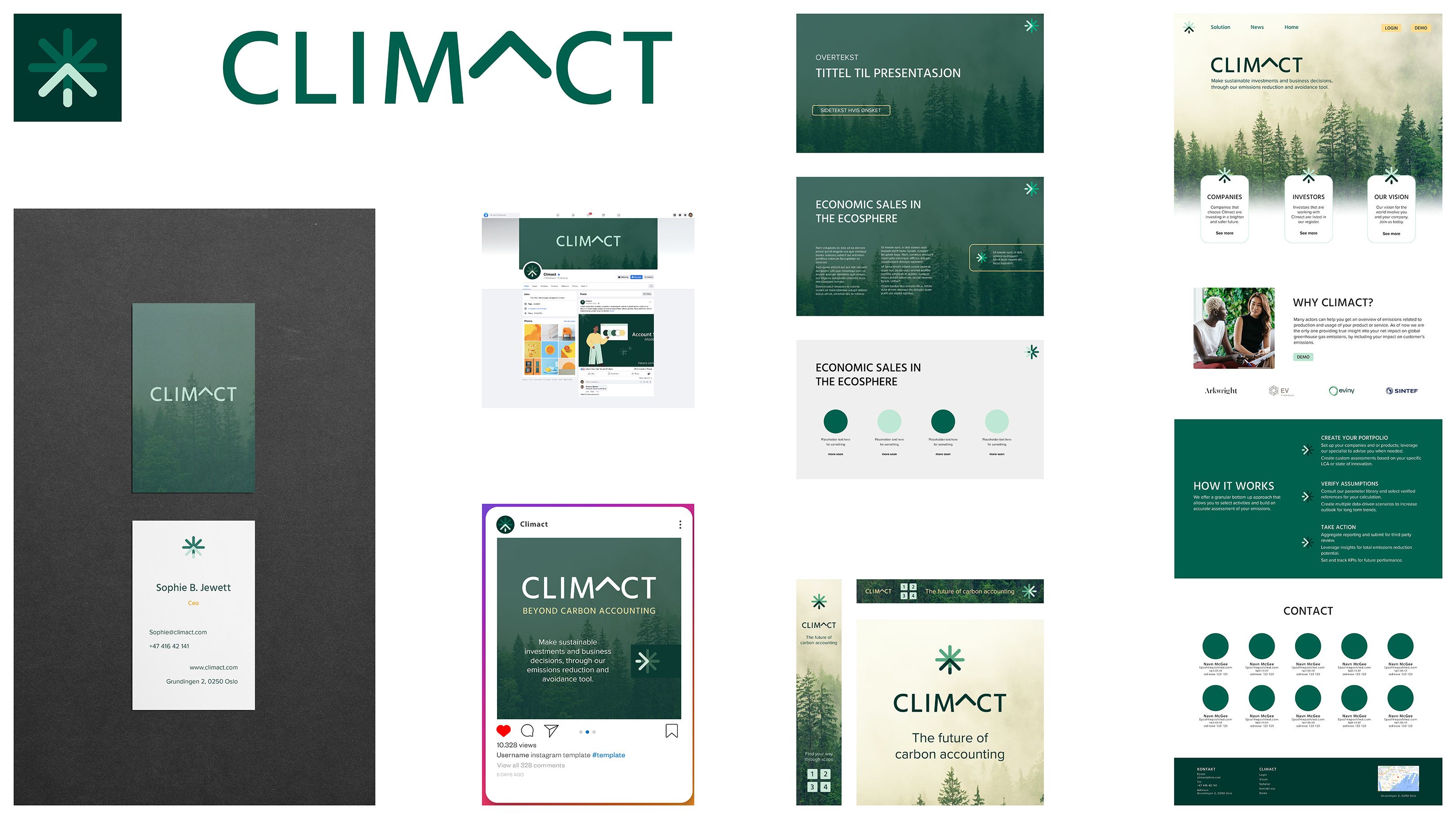 Climact logo og ikon samt visuell profil vist på flere kontaktflater