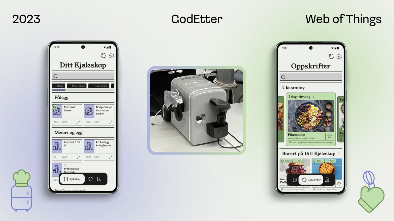 Skjermbilder av vår app GodEtter og bilde av fysisk prototype med barcode scanner på et minikjøleskap. Illustrasjon.