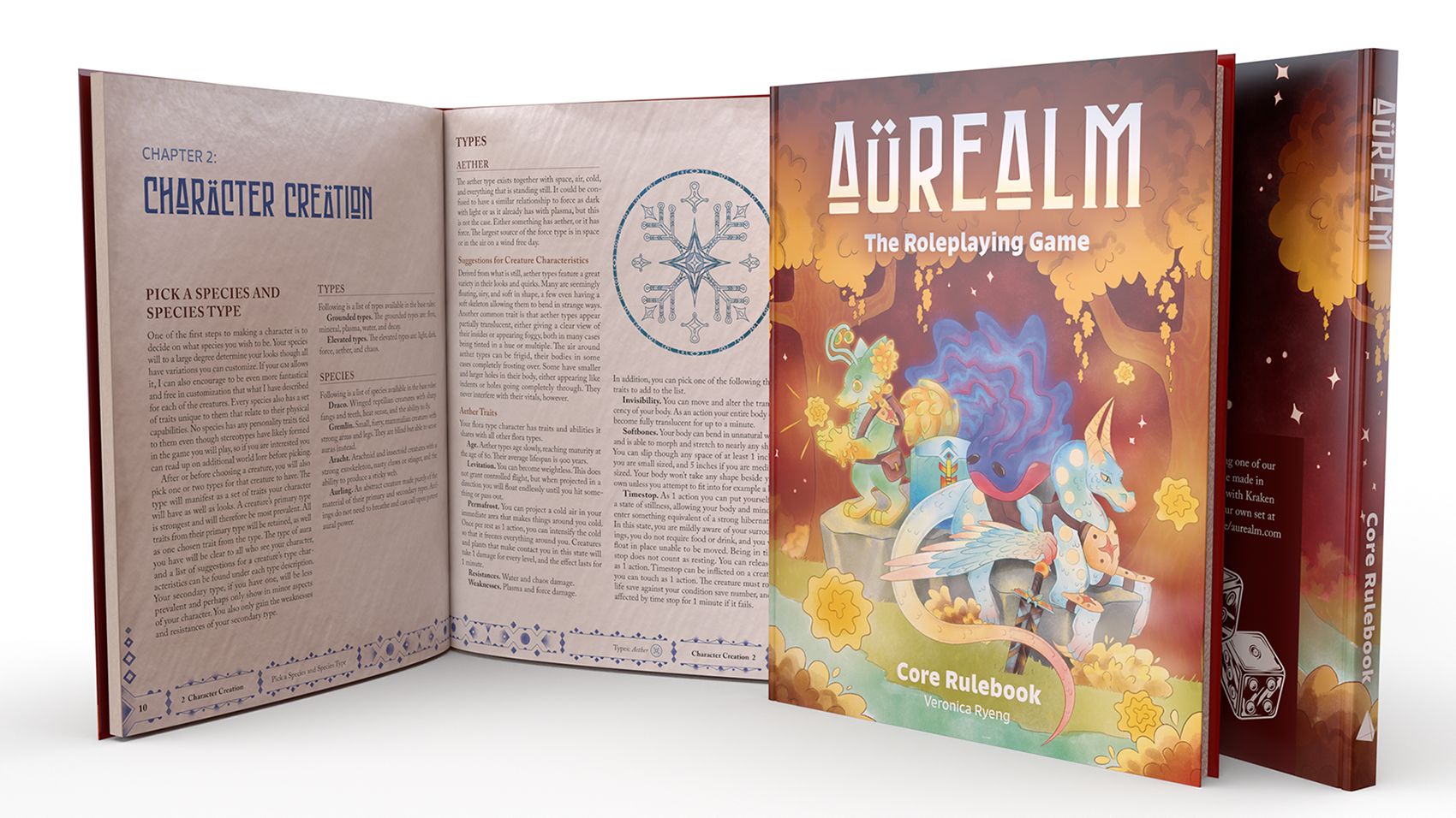 Omslag og sider til boken Aurealm the Roleplaying game. Mock-up.