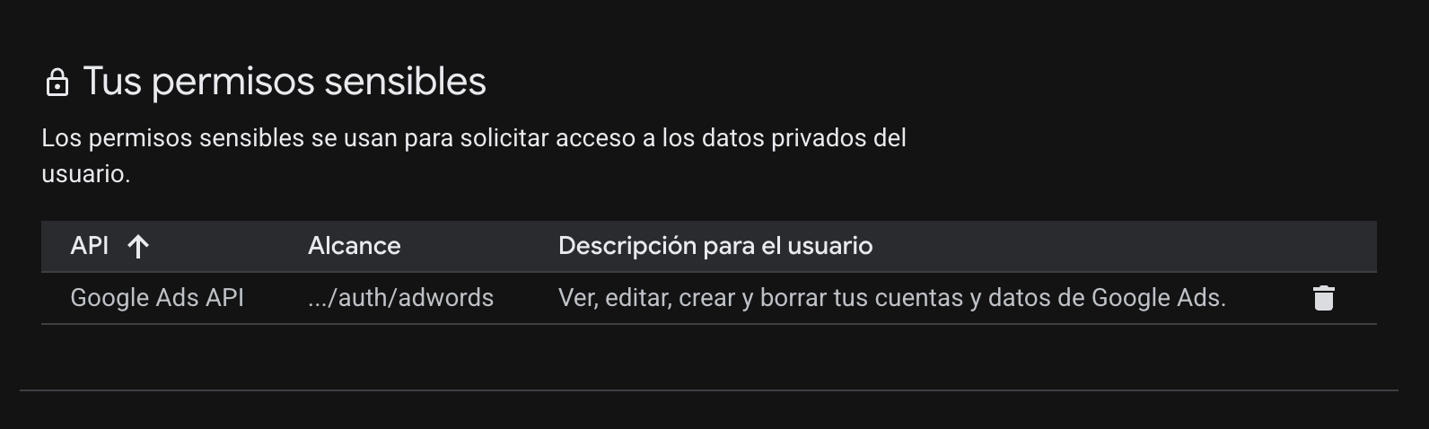 Añadir el scope de Google Ads (adwords) en la pantalla de consentimiento de OAuth
