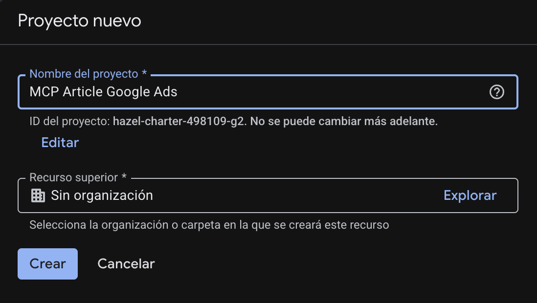 Selector de proyectos de Google Cloud para crear un proyecto nuevo