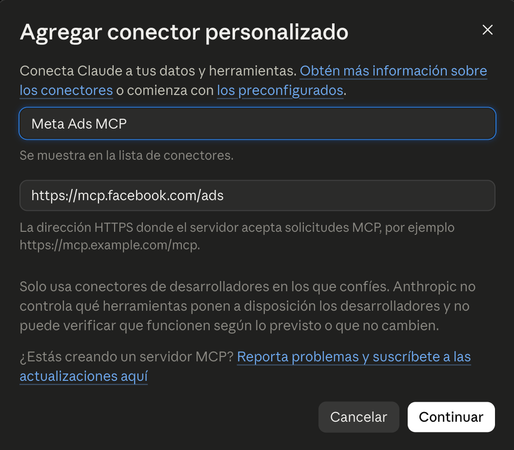 Claude screen for adding a custom connector with the URL mcp.facebook.com/ads