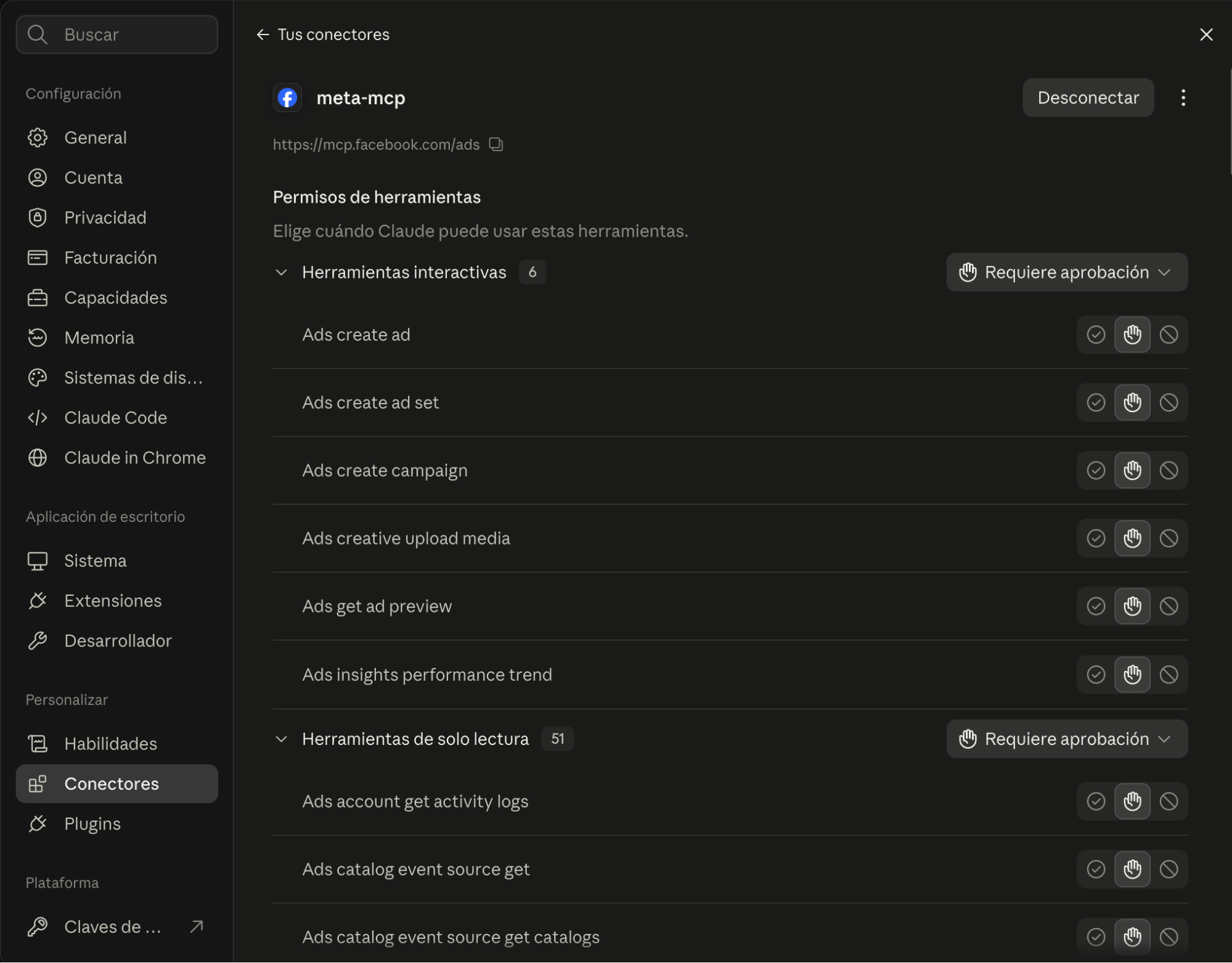 Meta Ads connector settings in Claude listing each tool and its permission: always allow, ask for approval or block