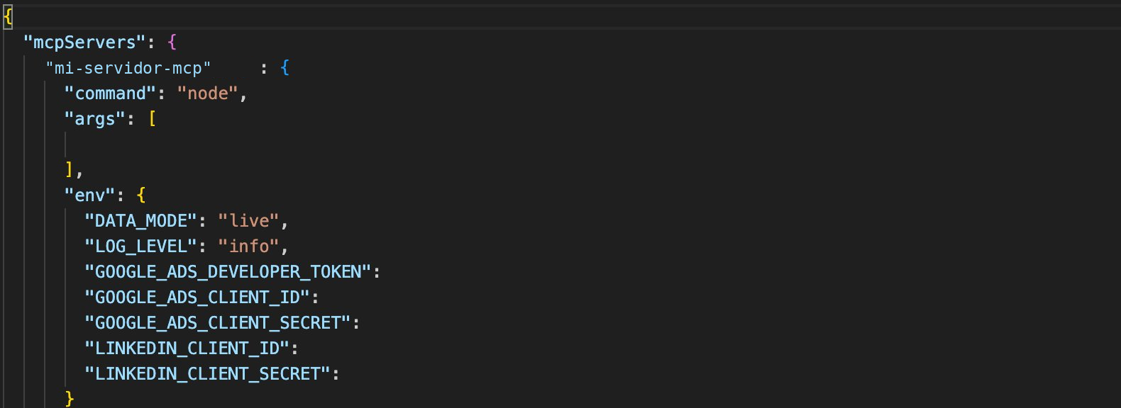 Bloque de configuración del servidor MCP de Google Ads en claude_desktop_config.json