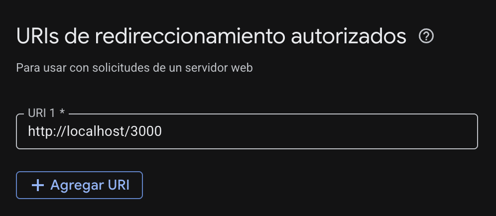Configuración del URI de redirección autorizado http://localhost:3000