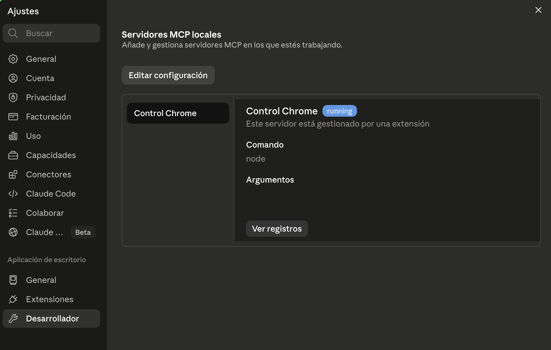 Sección de desarrollador de Claude Desktop con el botón Editar configuración