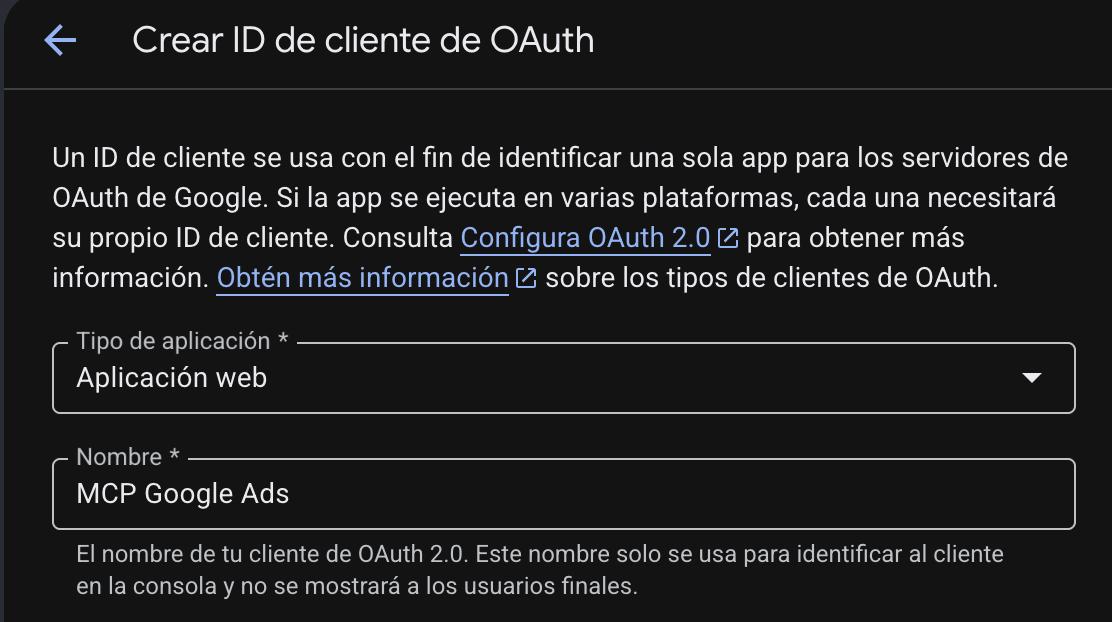 Creación de un ID de cliente de OAuth de tipo Aplicación web en Google Cloud