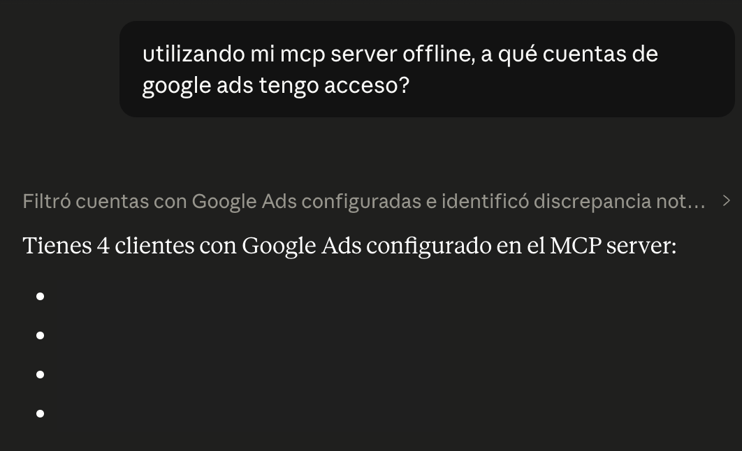 Claude respondiendo con datos reales de las cuentas de Google Ads conectadas