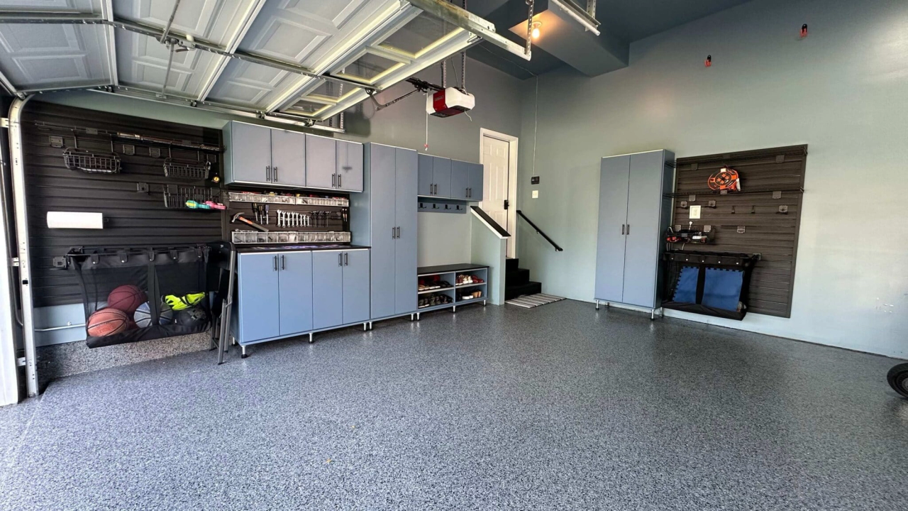 garage with polyurea floor coating installed
