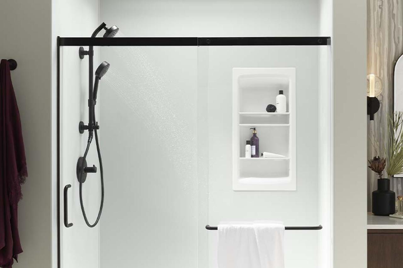 KOHLER walk-in shower with matte black fixtures