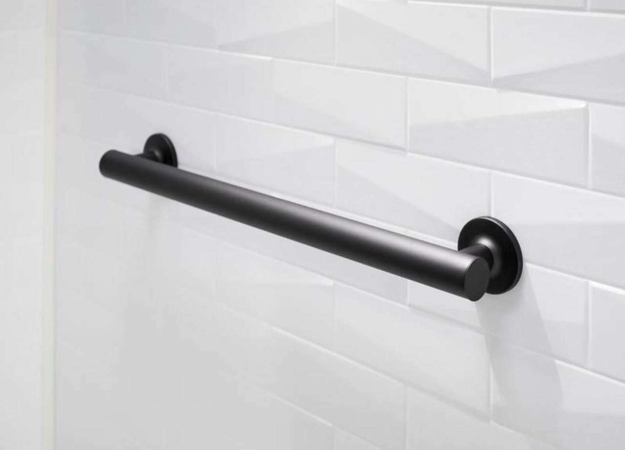 bathroom with walk-in shower with diagonal grab bar