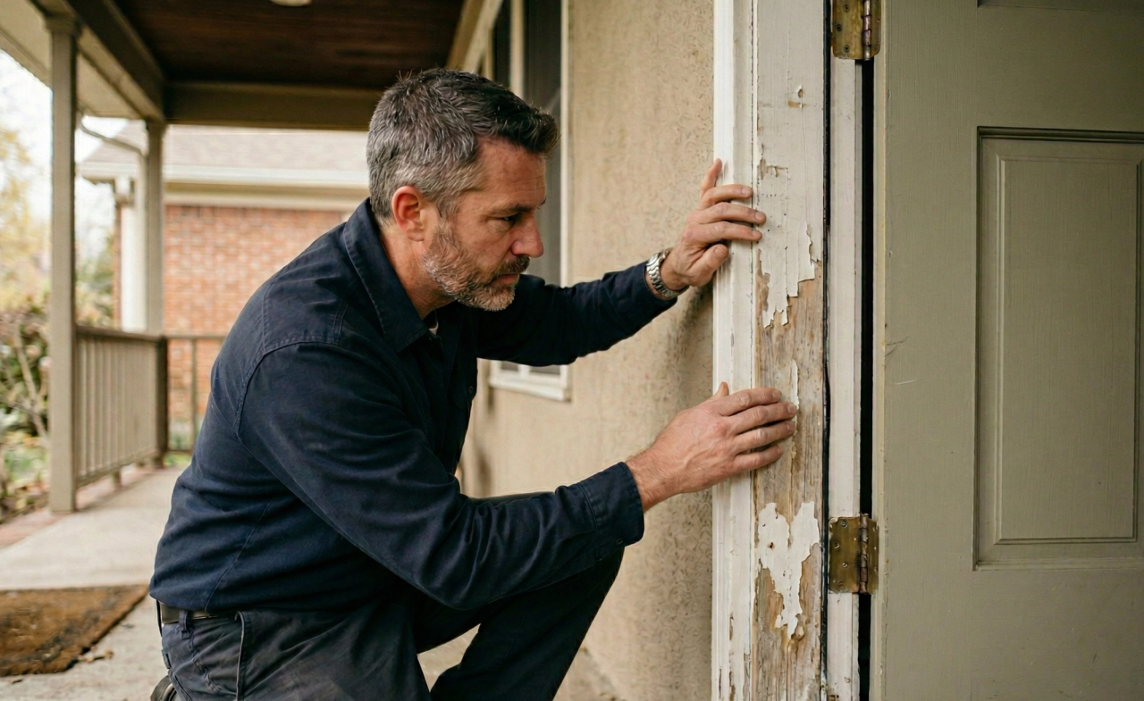 middle-aged man inspecting a door jamb